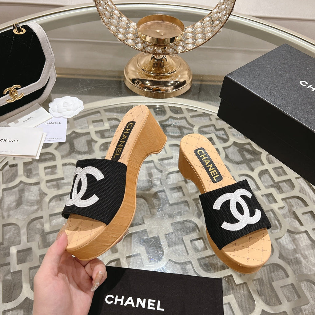 Chanel Wedge Platform in Black Lambskin with White Logo