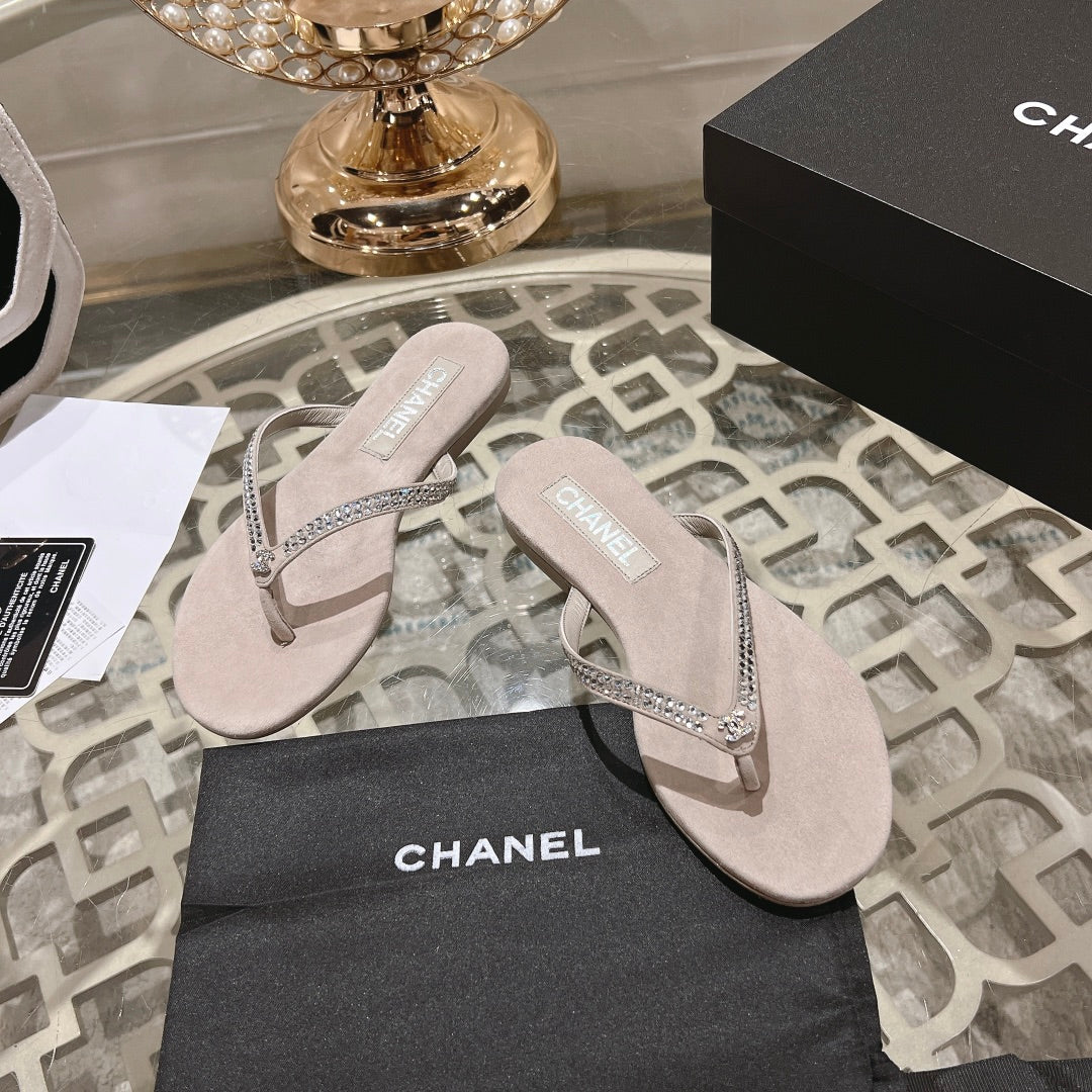 Chanel Rhinestones Thong Sandal in Pale Pink Suede