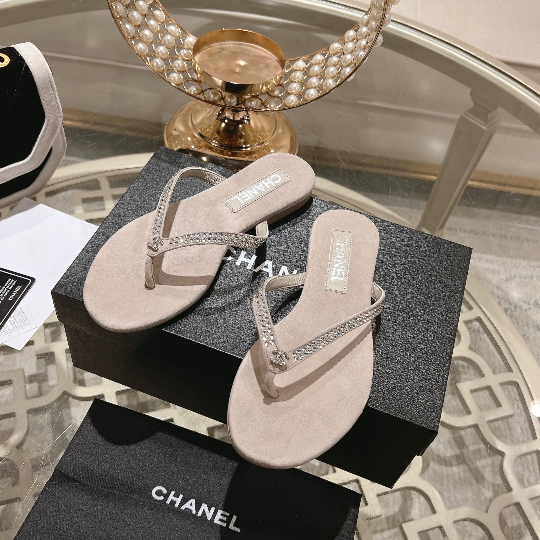Chanel Rhinestones Thong Sandal in Pale Pink Suede
