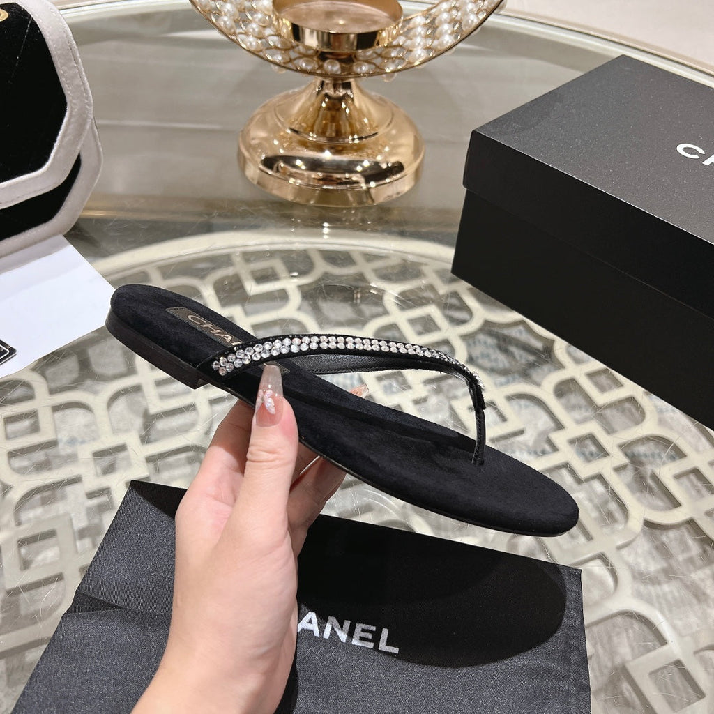 Chanel Rhinestones Thong Sandal in Black Suede