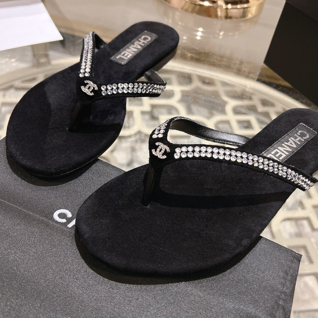Chanel Rhinestones Thong Sandal in Black Suede