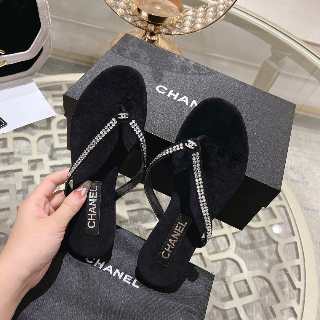 Chanel Rhinestones Thong Sandal in Black Suede