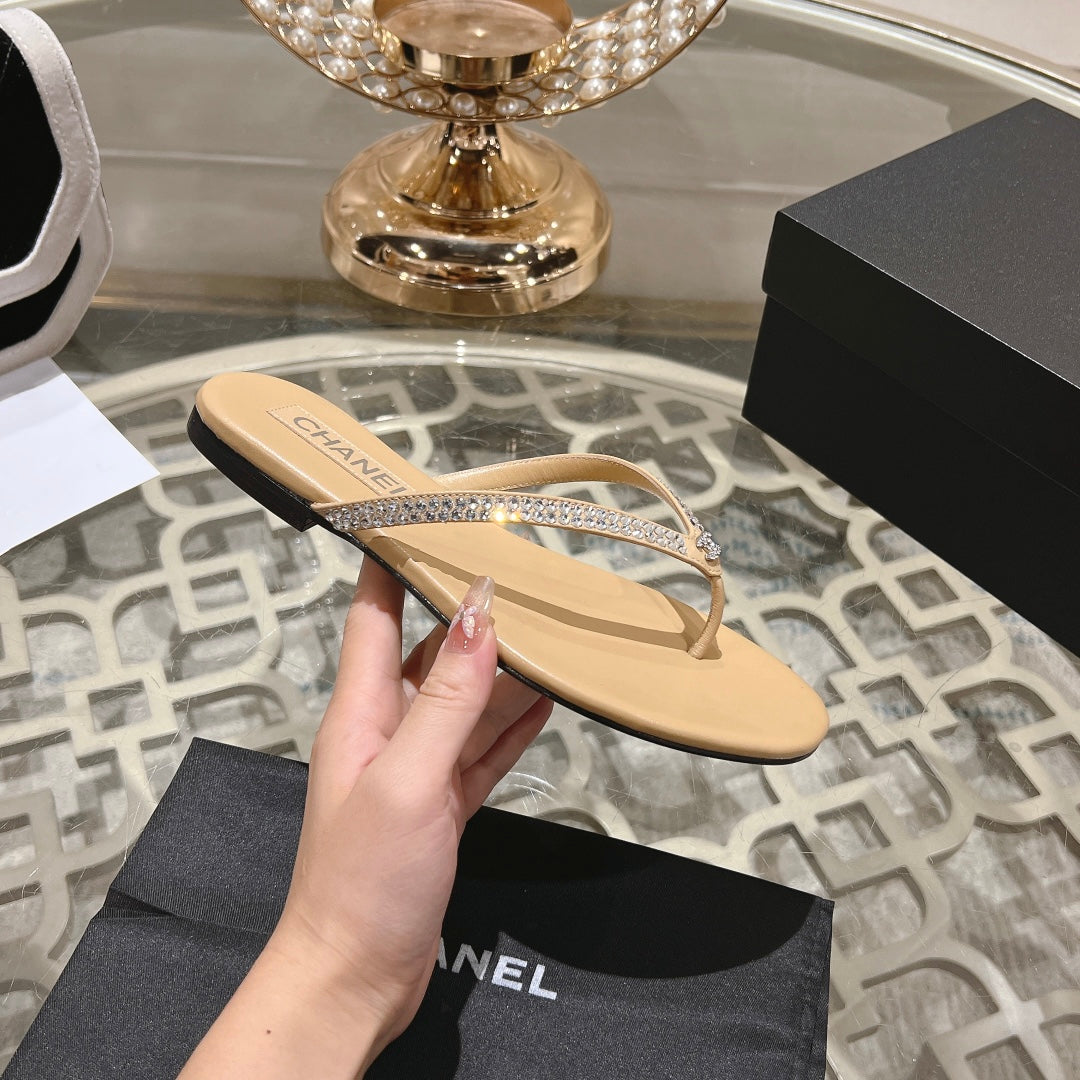 Chanel Rhinestones Thong Sandal in Macaroon Tan Lambskin