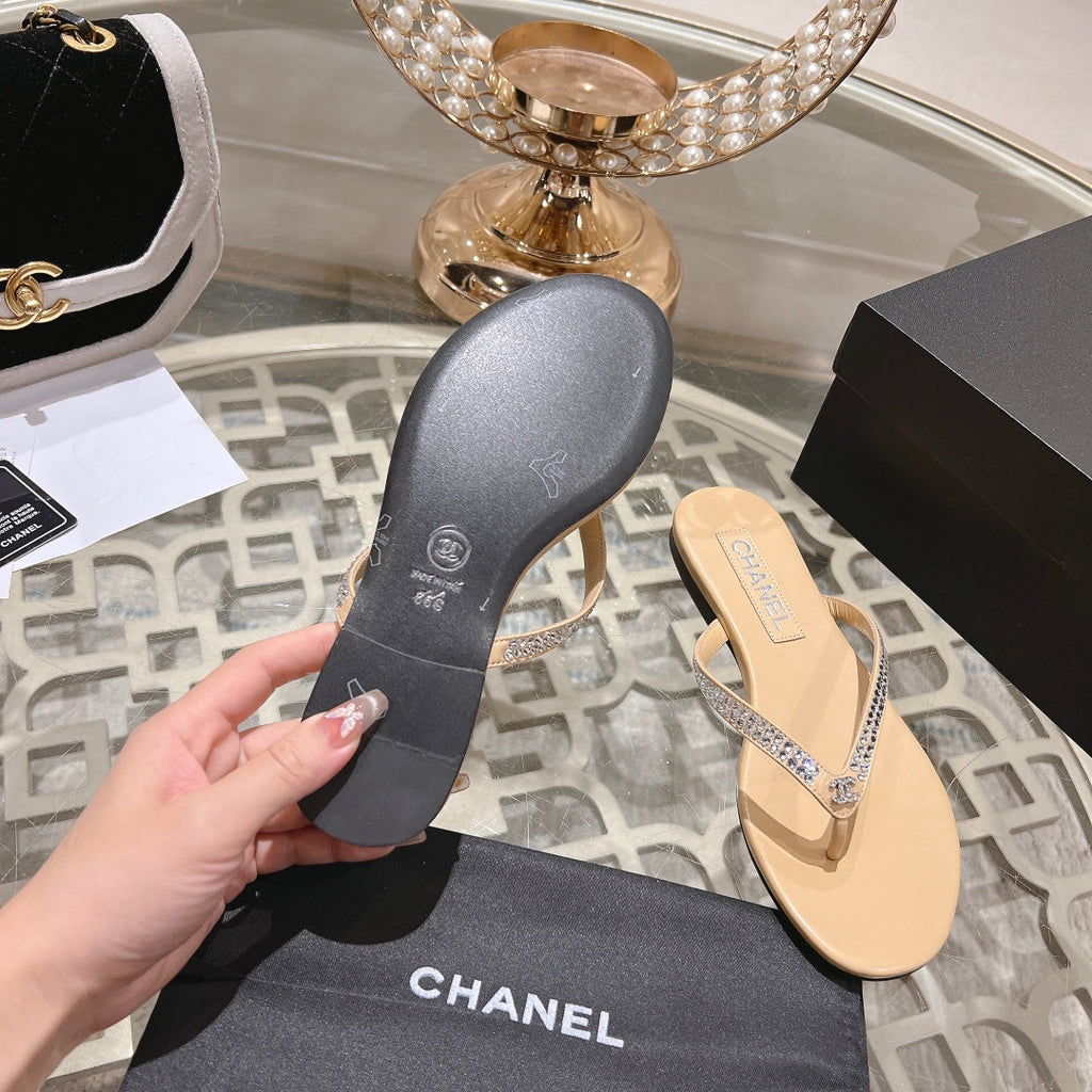 Chanel Rhinestones Thong Sandal in Macaroon Tan Lambskin