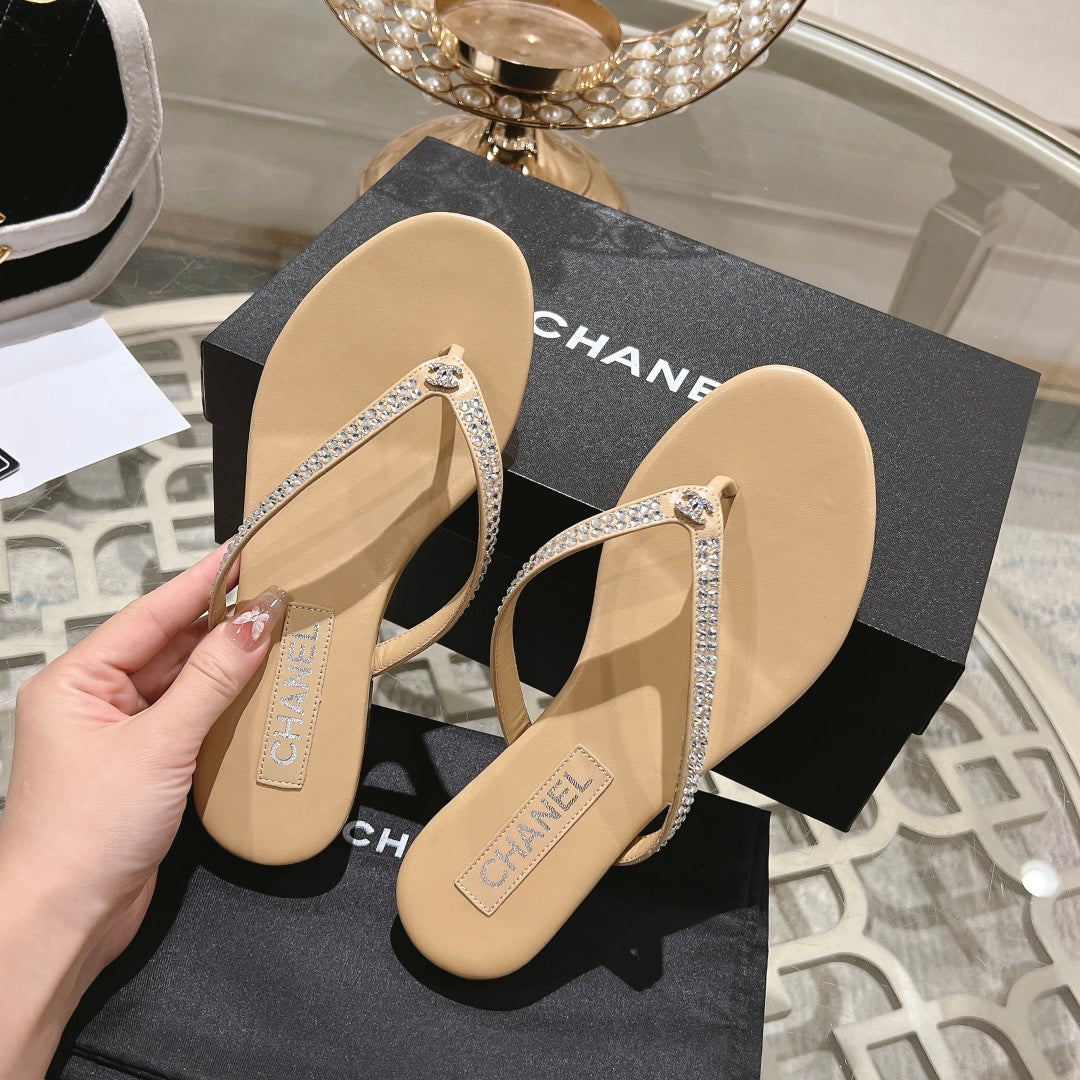 Chanel Rhinestones Thong Sandal in Macaroon Tan Lambskin