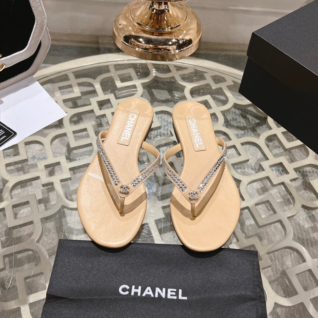 Chanel Rhinestones Thong Sandal in Macaroon Tan Lambskin