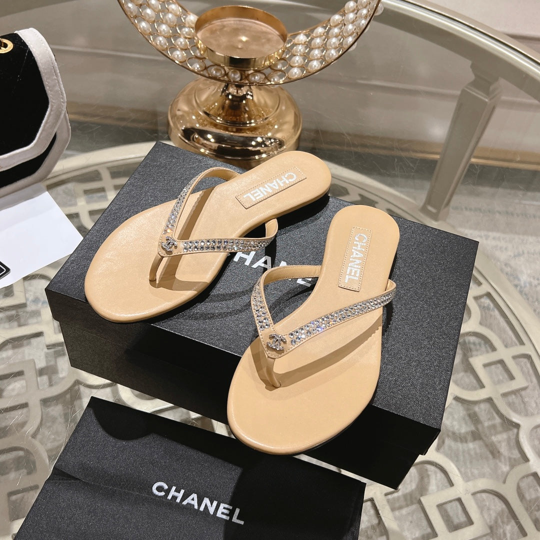 Chanel Rhinestones Thong Sandal in Macaroon Tan Lambskin