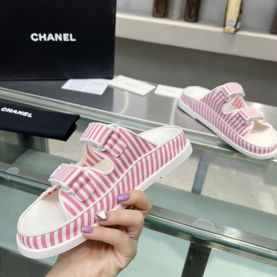 Chanel Stripes Casual Flat Sandals Light Pink White