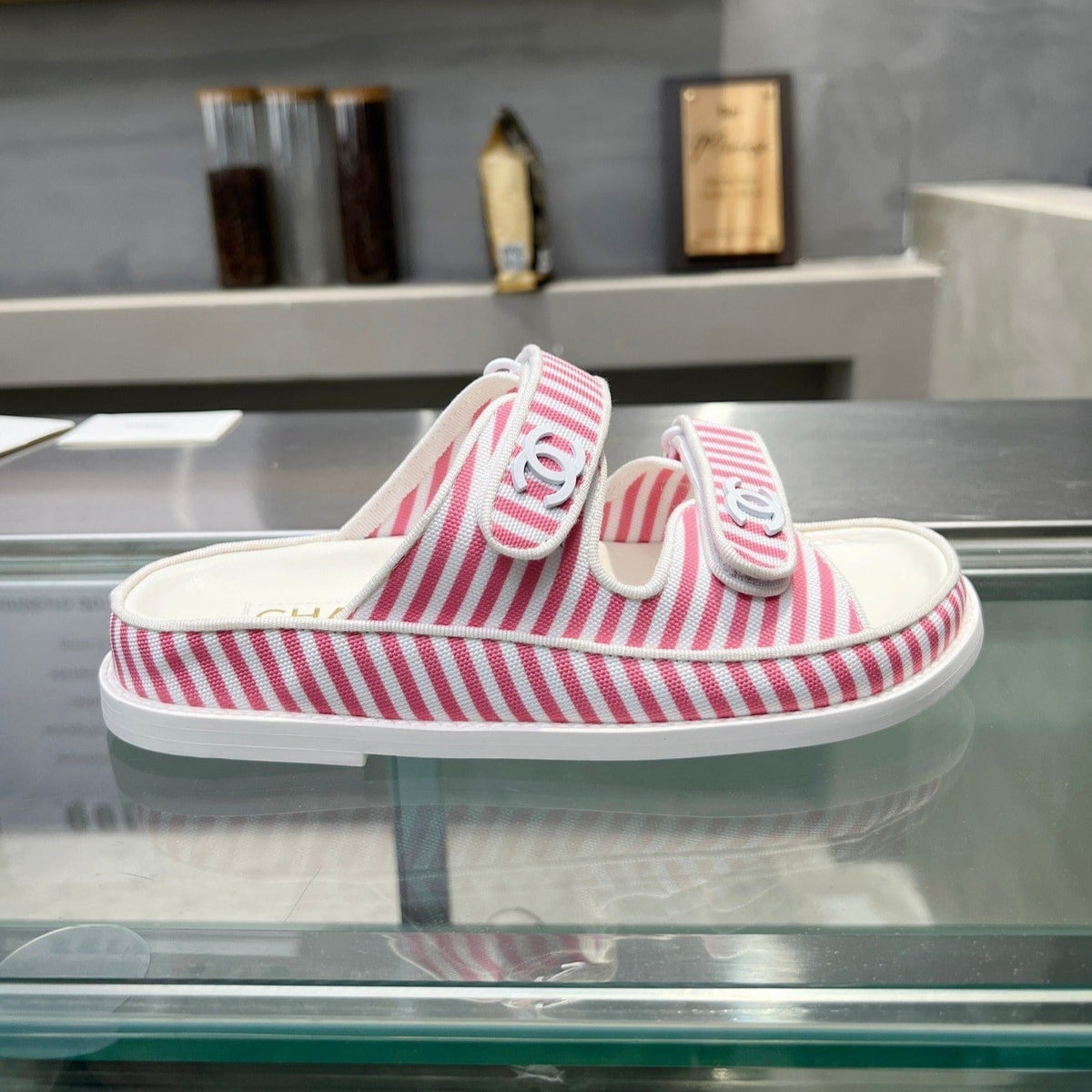 Chanel Stripes Casual Flat Sandals Light Pink White
