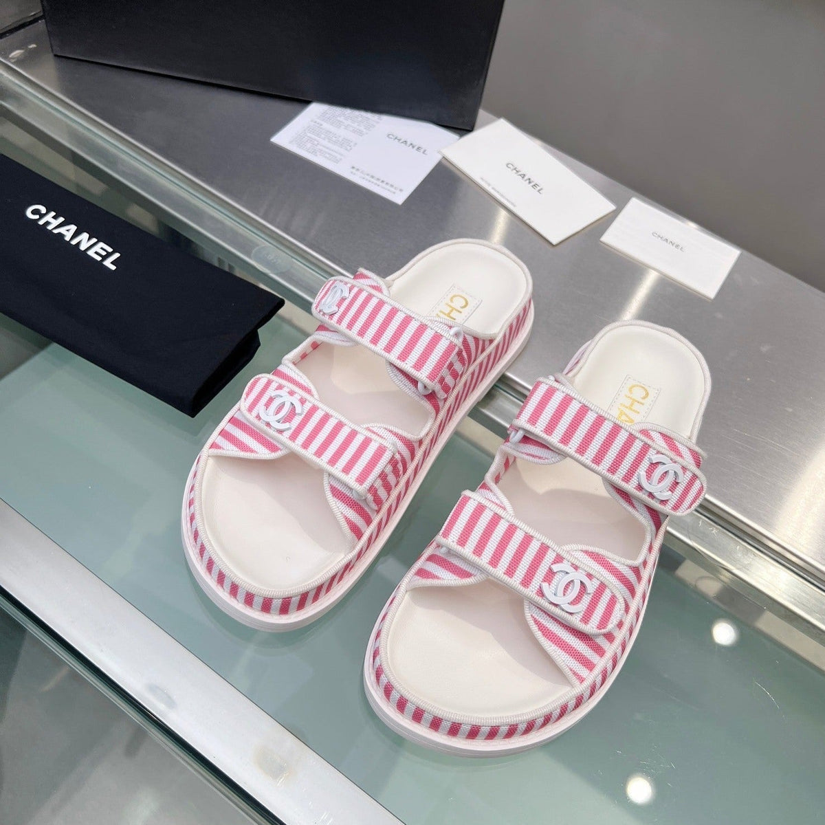 Chanel Stripes Casual Flat Sandals Light Pink White