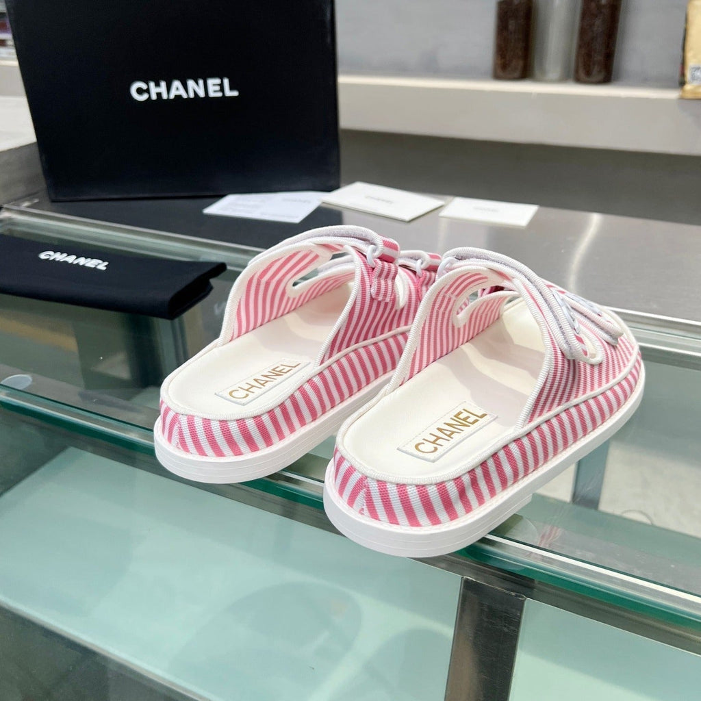 Chanel Stripes Casual Flat Sandals Light Pink White