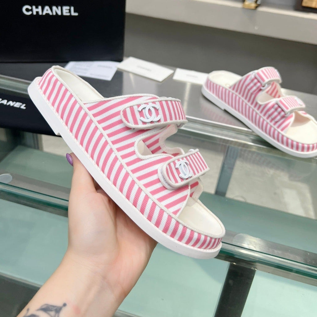 Chanel Stripes Casual Flat Sandals Light Pink White