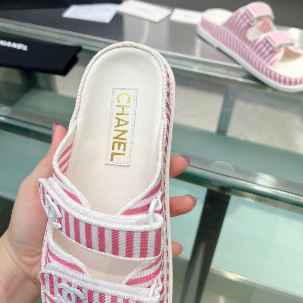 Chanel Stripes Casual Flat Sandals Light Pink White