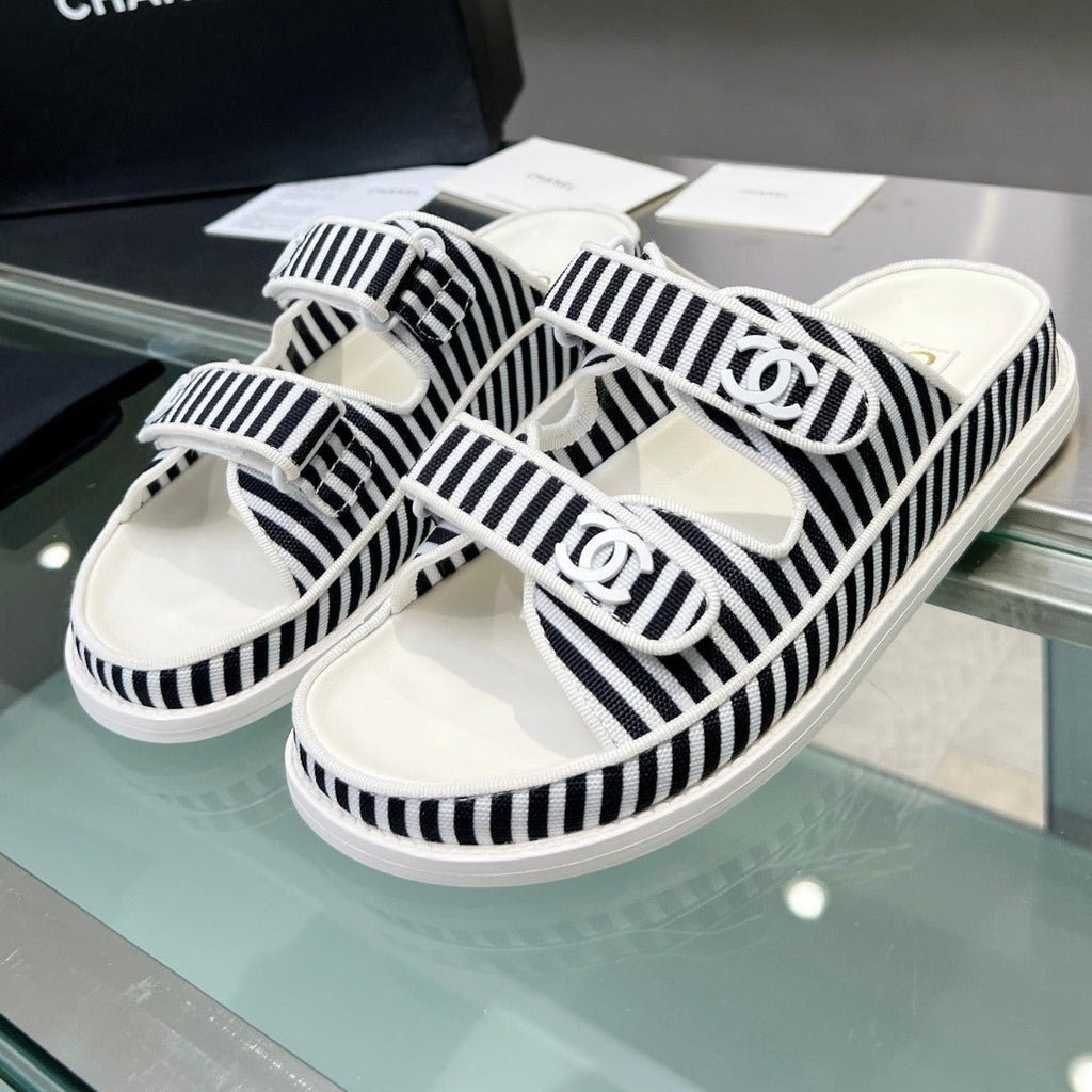 Chanel Women's Stripes Casual Flat Sandals Black White