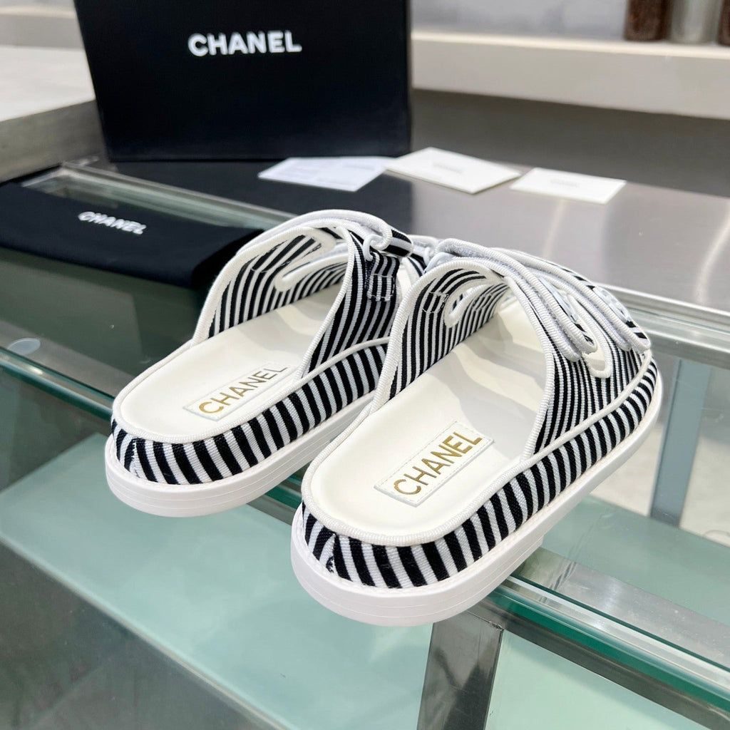 Chanel Women's Stripes Casual Flat Sandals Black White