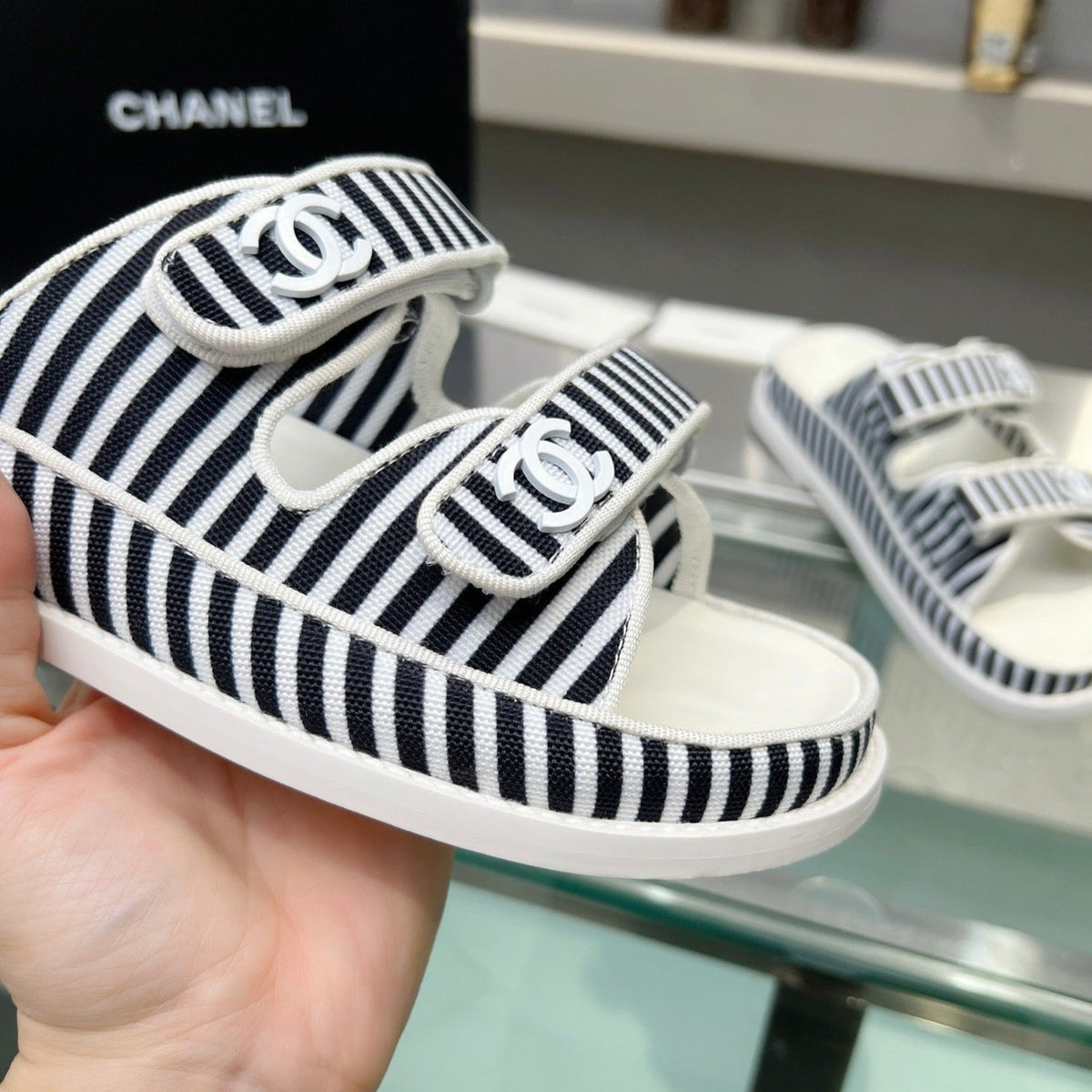 Chanel Women's Stripes Casual Flat Sandals Black White
