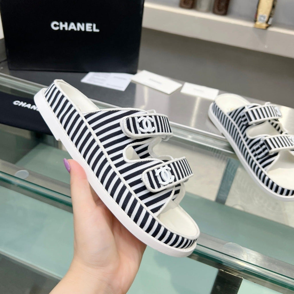 Chanel Women's Stripes Casual Flat Sandals Black White