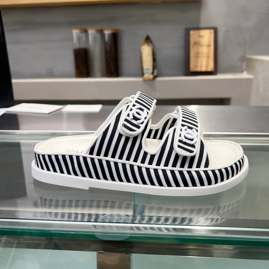 Chanel Women's Stripes Casual Flat Sandals Black White