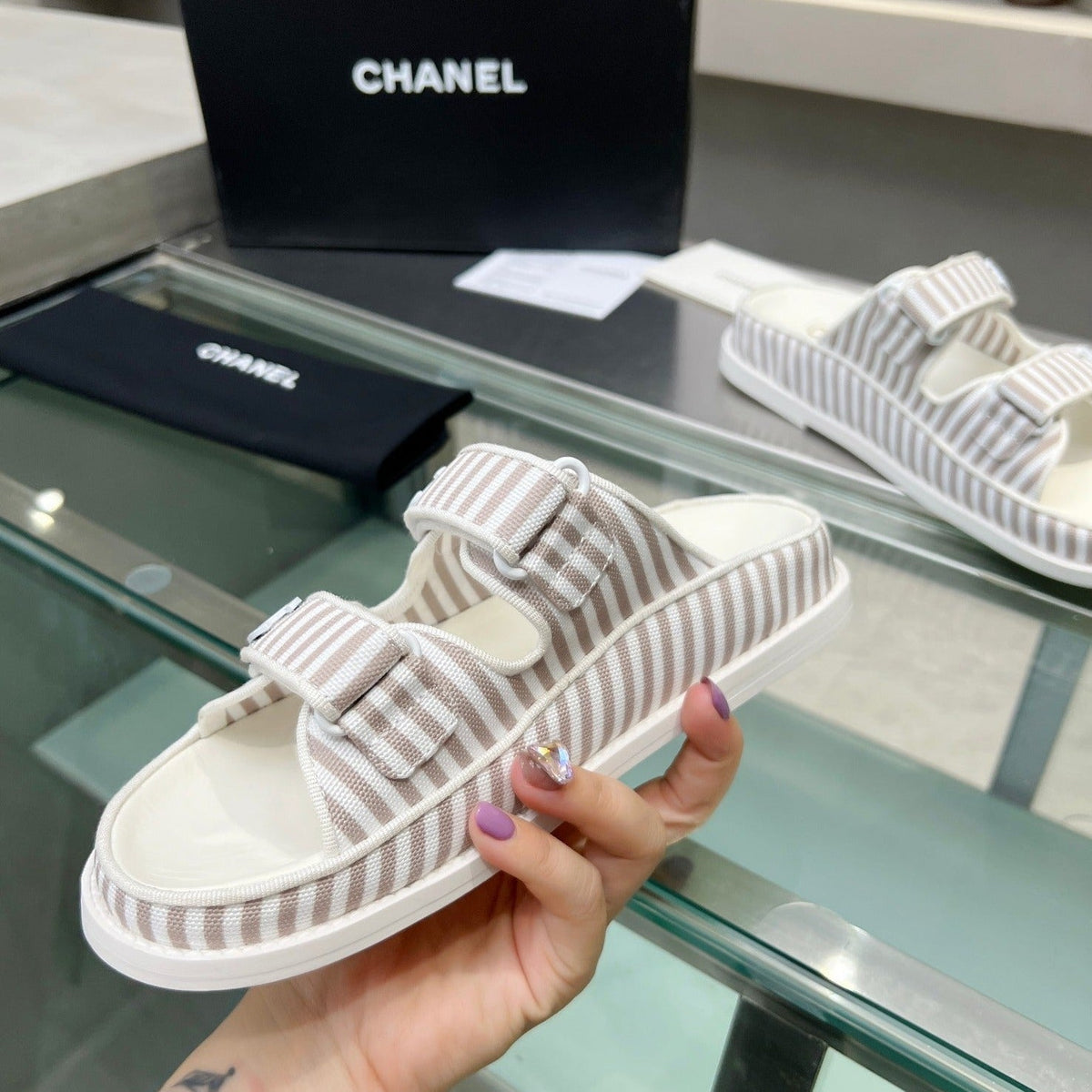 Chanel Stripes Casual Flat Sandals Gray White