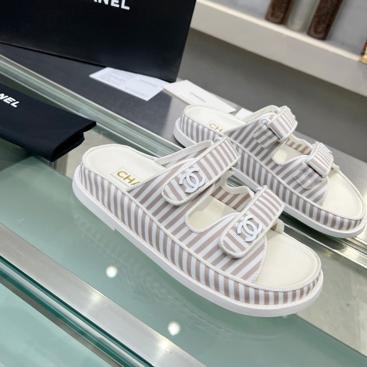Chanel Stripes Casual Flat Sandals Gray White