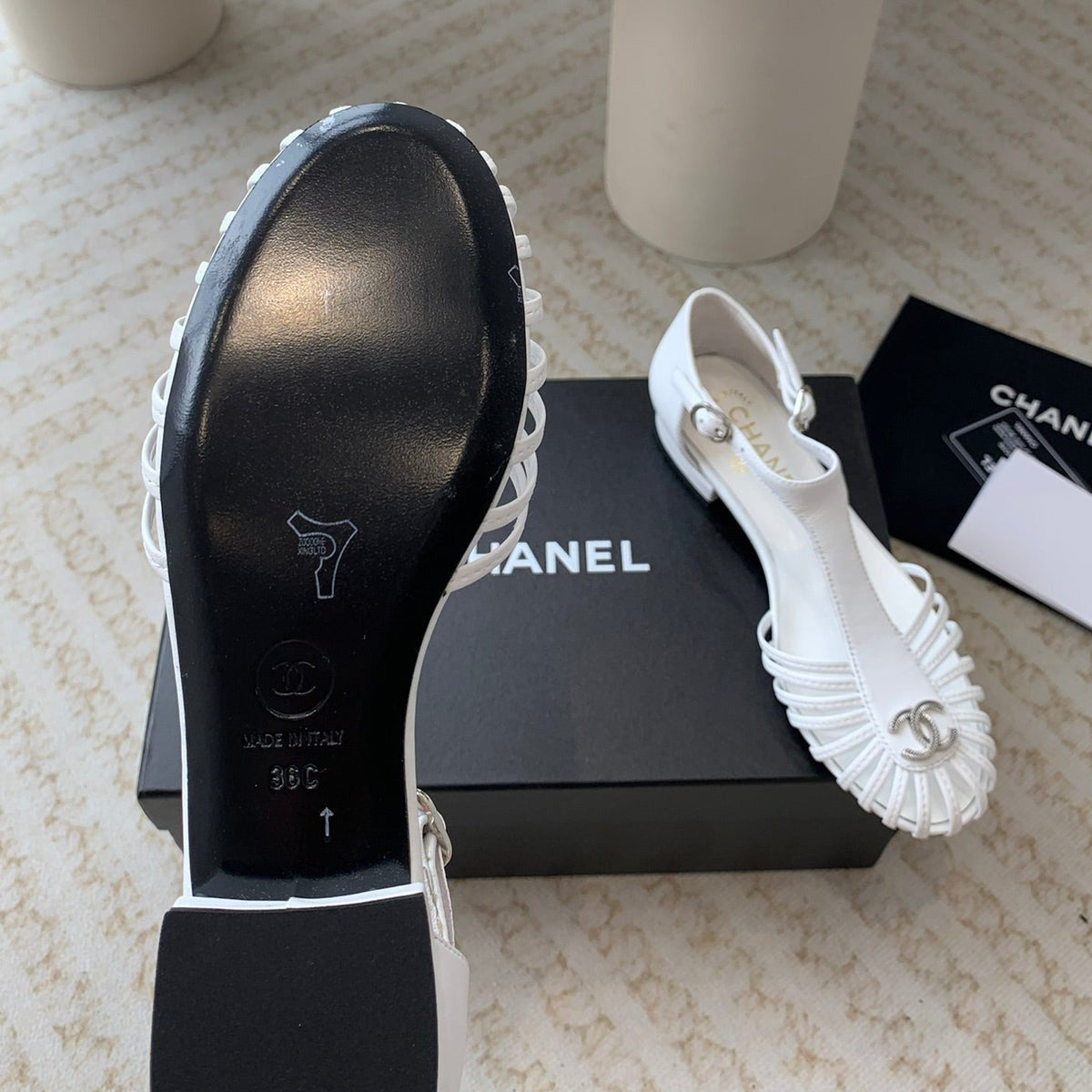 Chanel Summer New Hollow Roman Sandals White Sheepskin
