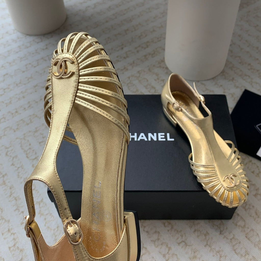 Chanel Summer New Hollow Roman Sandals Gold Sheepskin