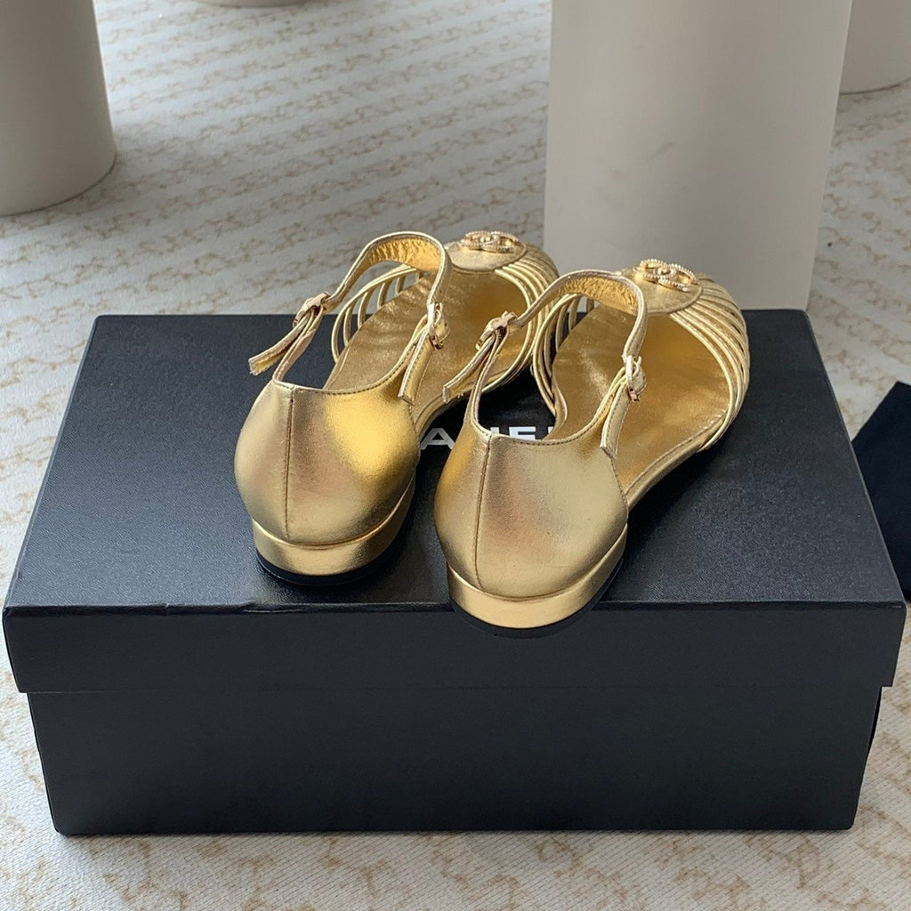 Chanel Summer New Hollow Roman Sandals Gold Sheepskin