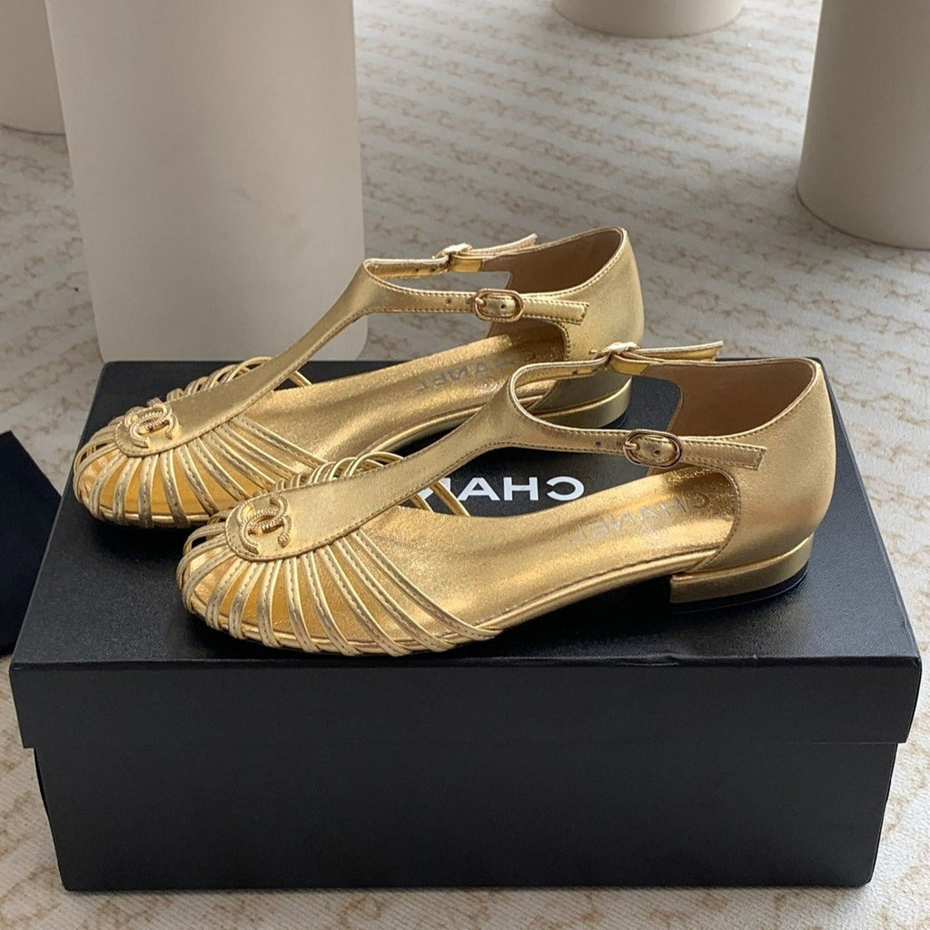 Chanel Summer New Hollow Roman Sandals Gold Sheepskin