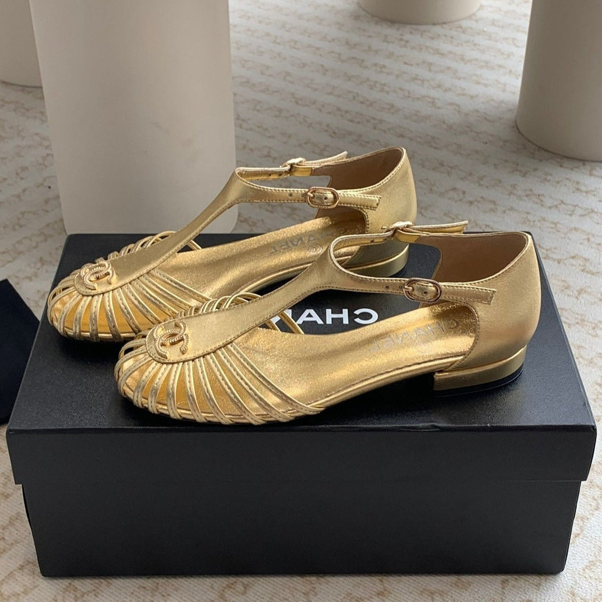 Chanel Summer New Hollow Roman Sandals Gold Sheepskin