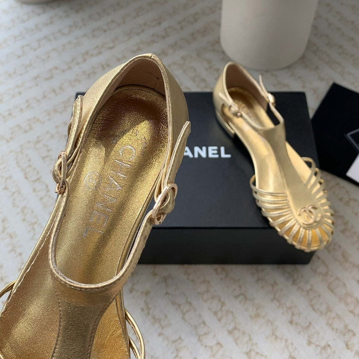 Chanel Summer New Hollow Roman Sandals Gold Sheepskin