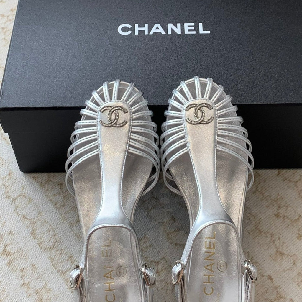Chanel Summer New Hollow Roman Sandals Silver Sheepskin