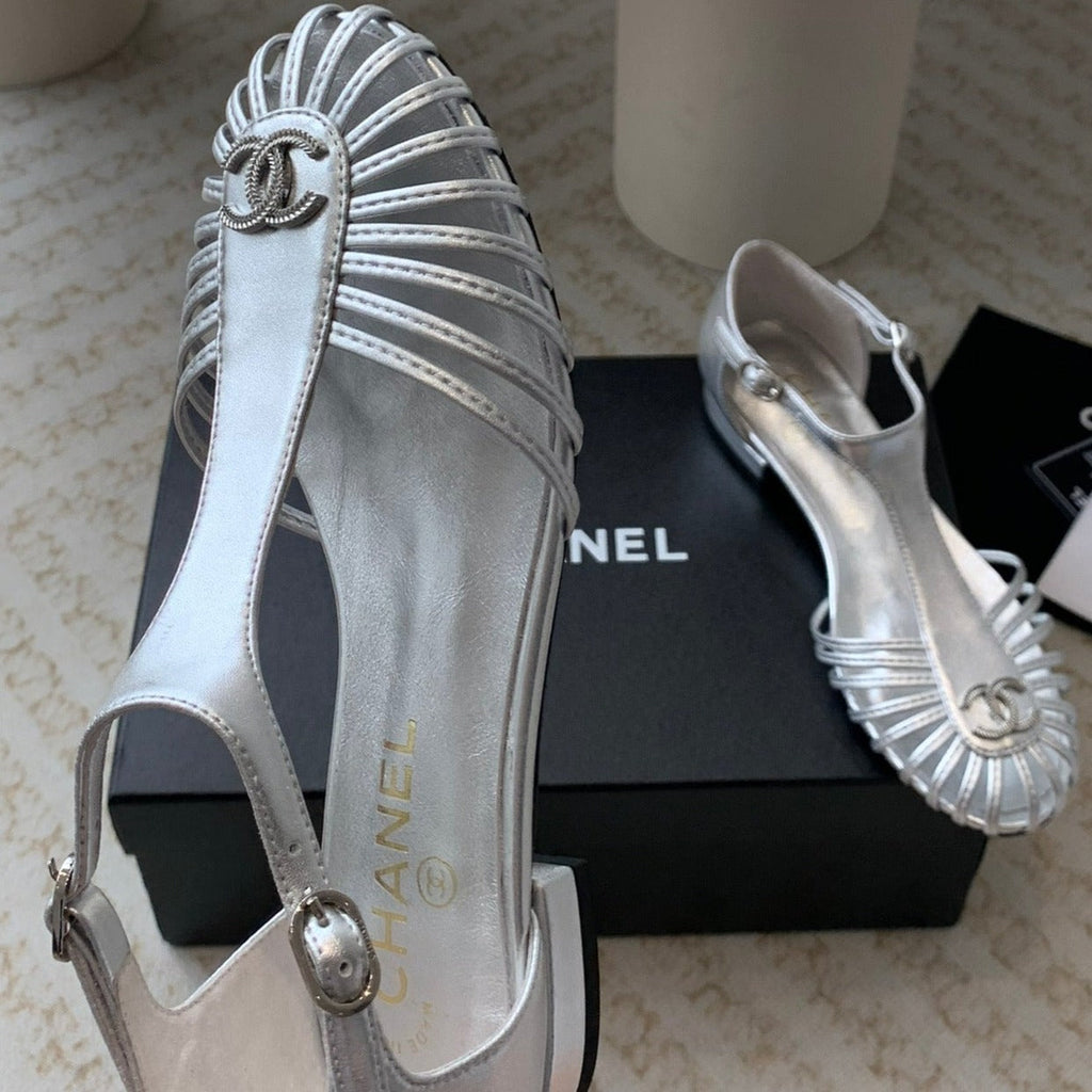 Chanel Summer New Hollow Roman Sandals Silver Sheepskin