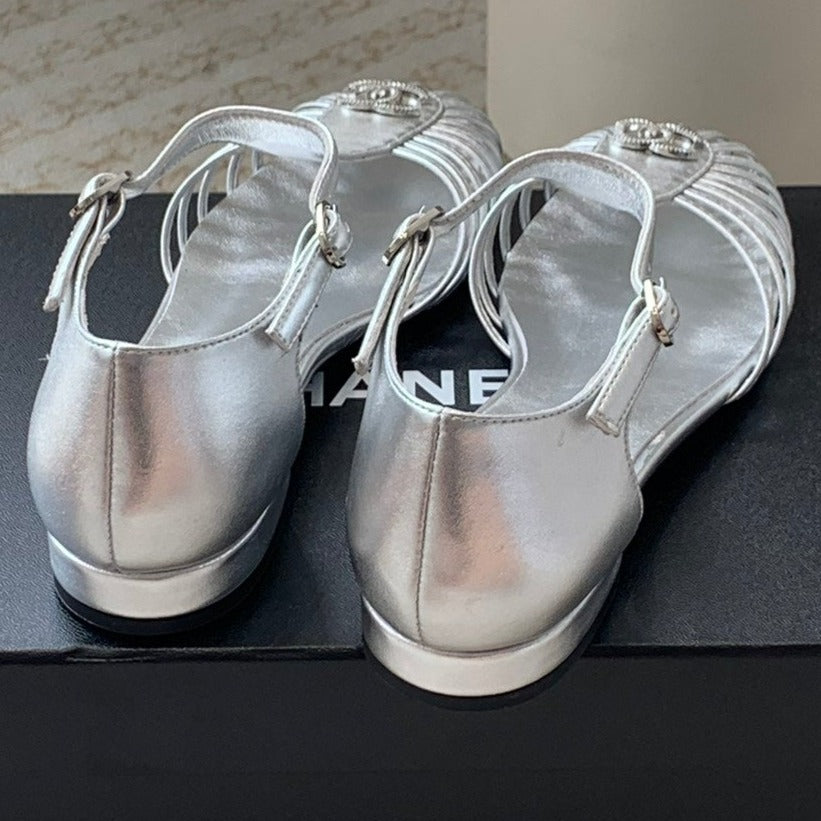 Chanel Summer New Hollow Roman Sandals Silver Sheepskin