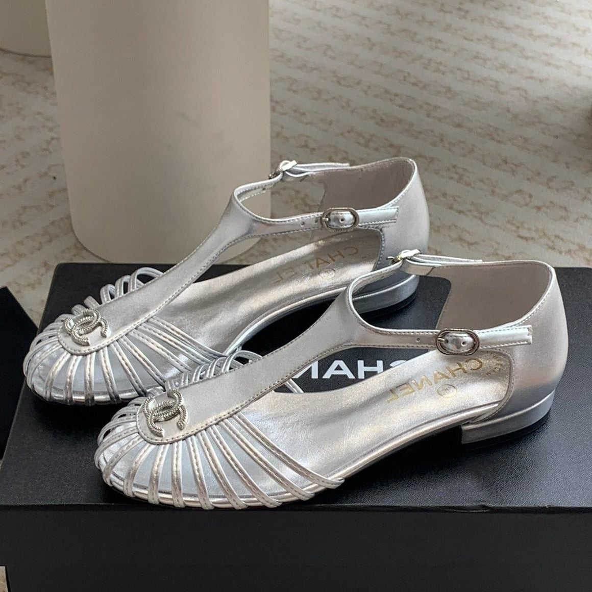 Chanel Summer New Hollow Roman Sandals Silver Sheepskin