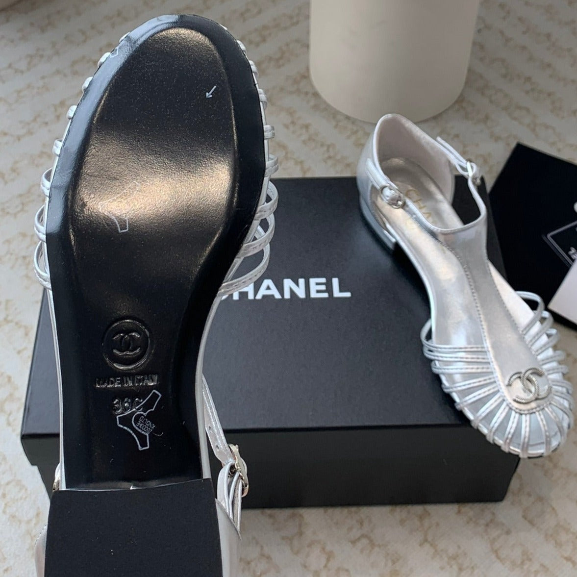 Chanel Summer New Hollow Roman Sandals Silver Sheepskin