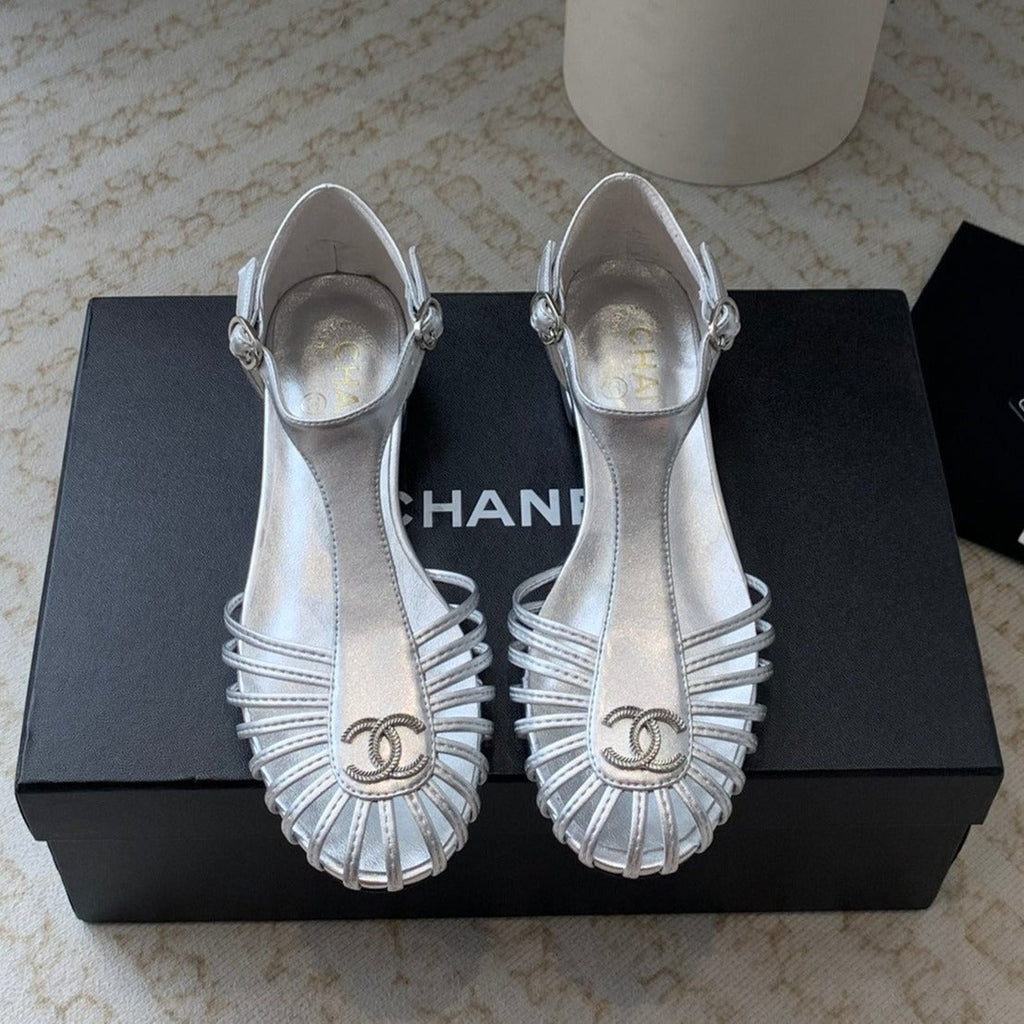 Chanel Summer New Hollow Roman Sandals Silver Sheepskin