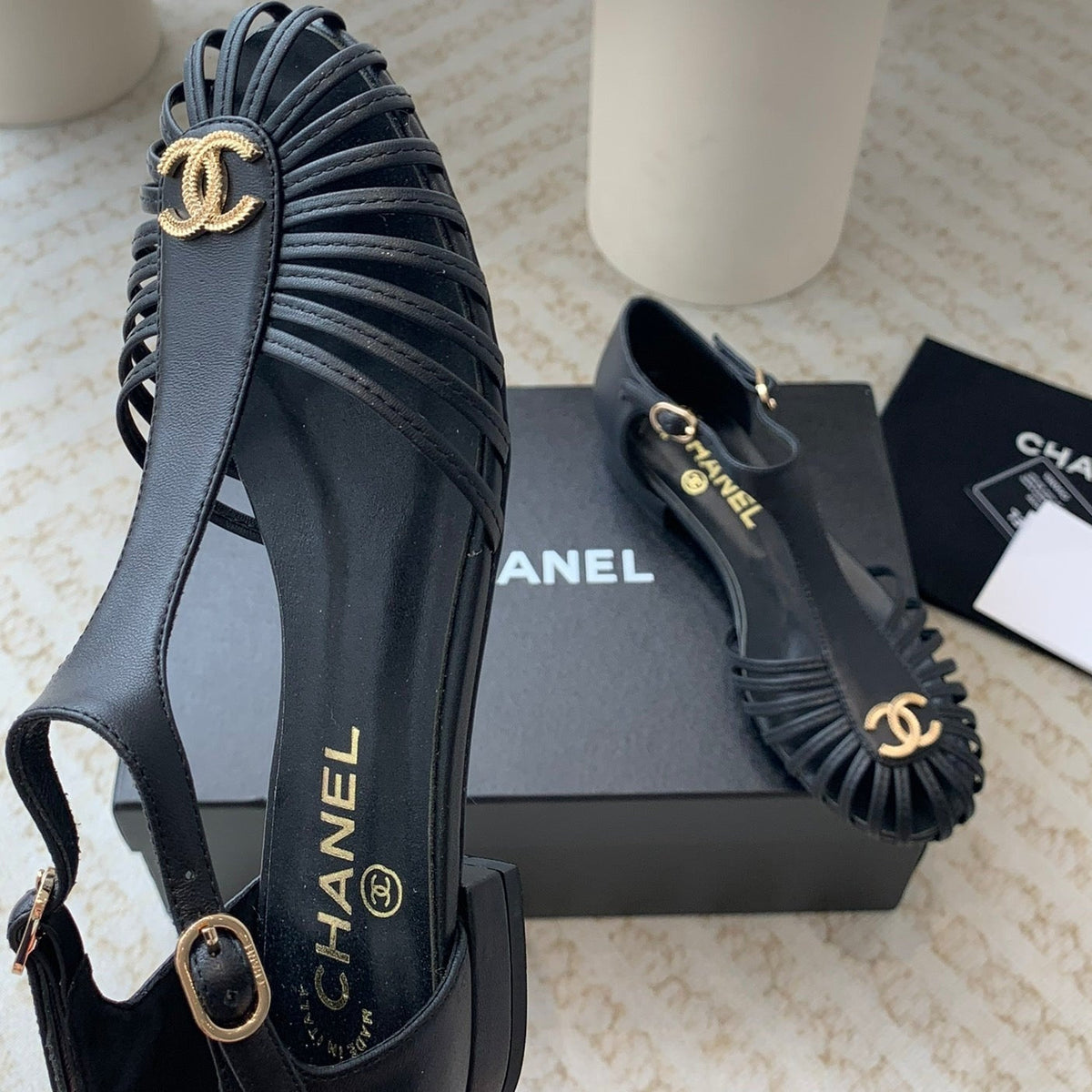 Chanel Summer New Hollow Roman Sandals Black Sheepskin