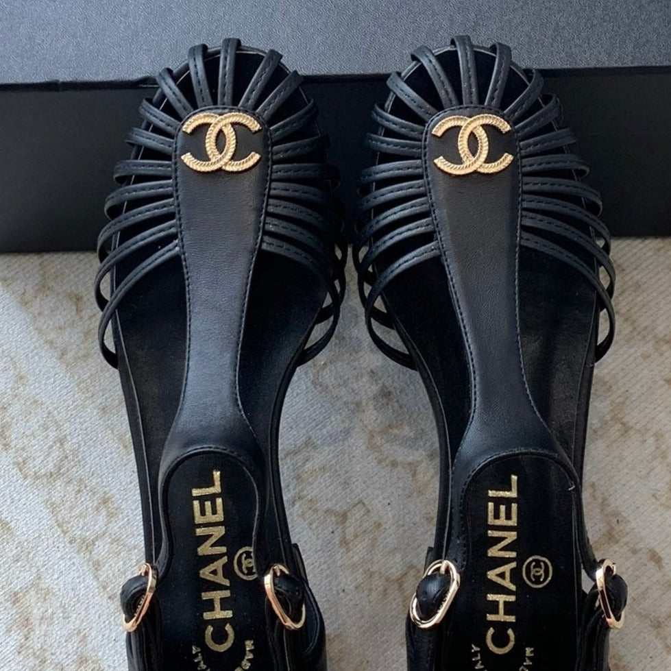 Chanel Summer New Hollow Roman Sandals Black Sheepskin