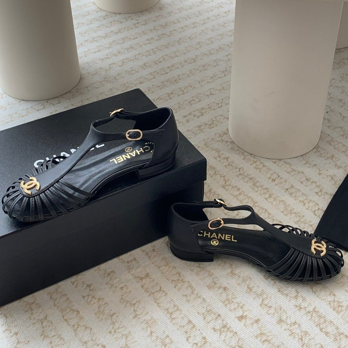 Chanel Summer New Hollow Roman Sandals Black Sheepskin