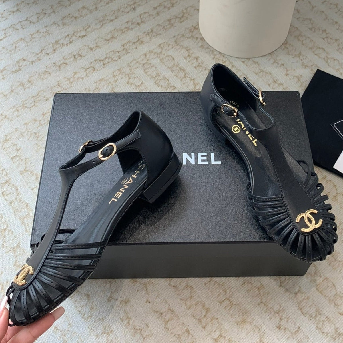 Chanel Summer New Hollow Roman Sandals Black Sheepskin