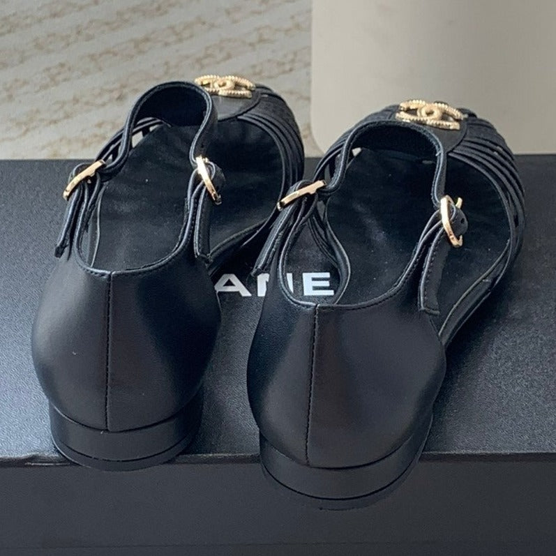 Chanel Summer New Hollow Roman Sandals Black Sheepskin