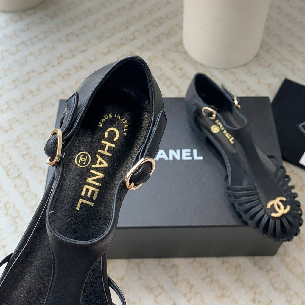 Chanel Summer New Hollow Roman Sandals Black Sheepskin