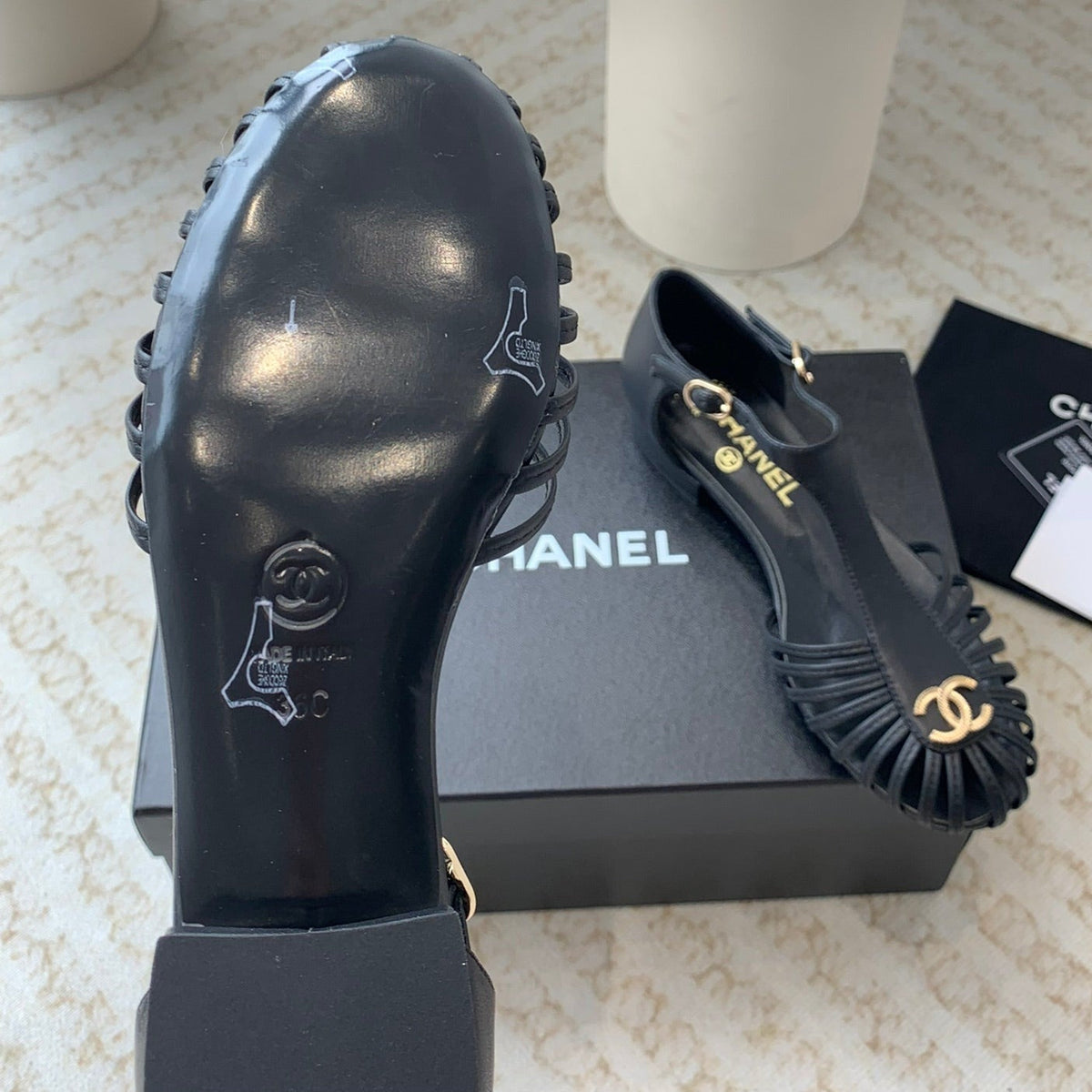 Chanel Summer New Hollow Roman Sandals Black Sheepskin