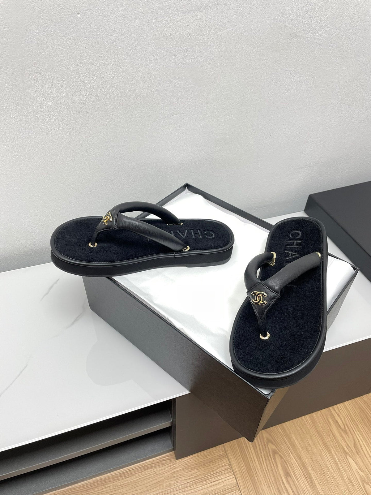 Chanel Thong Slippers in Black Lambskin