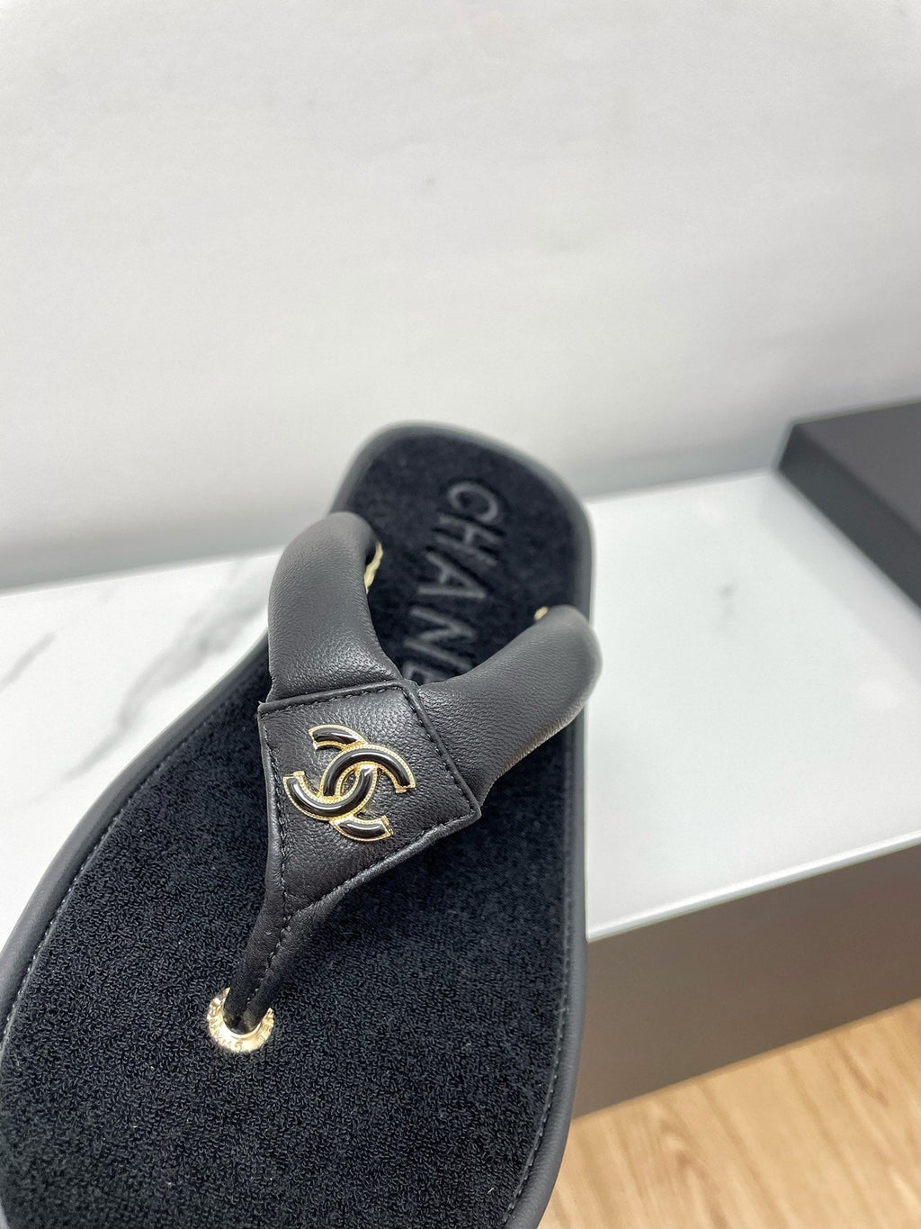 Chanel Thong Slippers in Black Lambskin