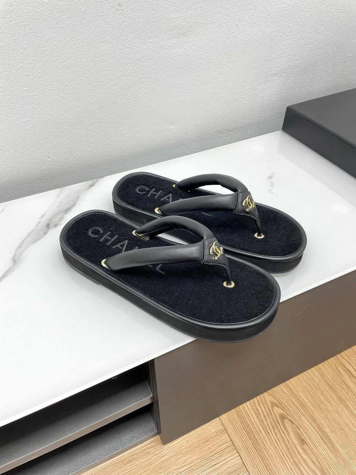 Chanel Thong Slippers in Black Lambskin