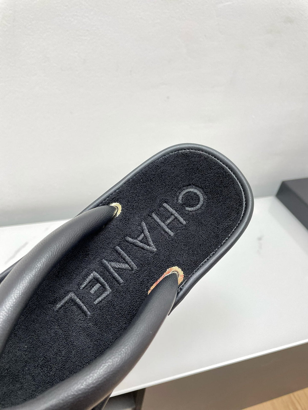 Chanel Thong Slippers in Black Lambskin