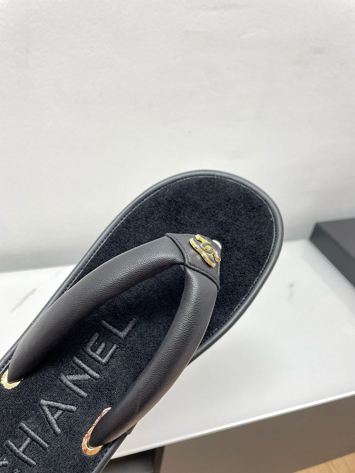 Chanel Thong Slippers in Black Lambskin
