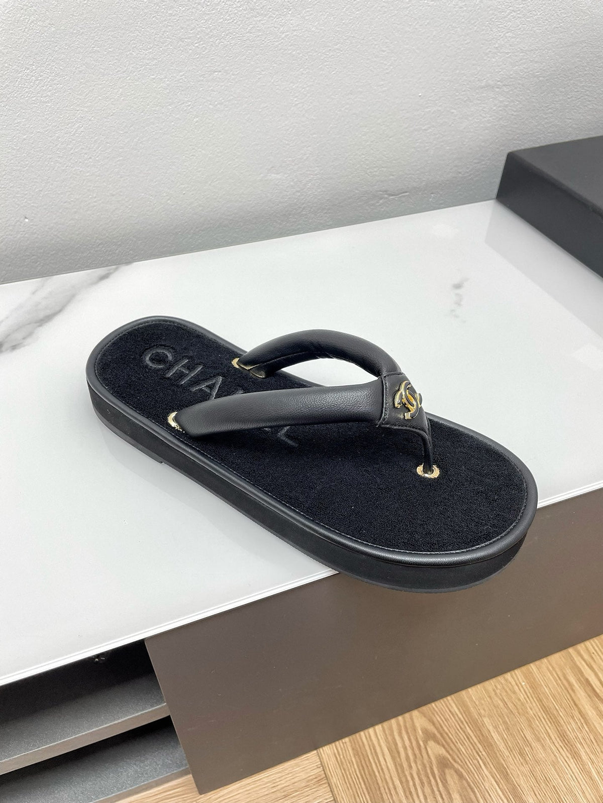 Chanel Thong Slippers in Black Lambskin