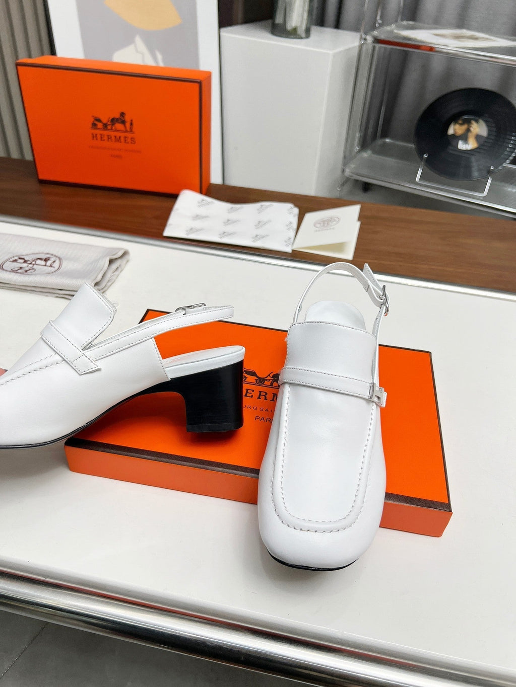 Hermes Square Toe Slingback Snow Calfskin